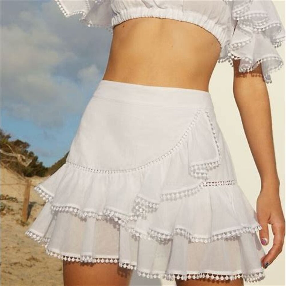 $298 Charo Ruiz Ibiza Women's White Fera Tiered Ruffle Mini Skirt Size S new